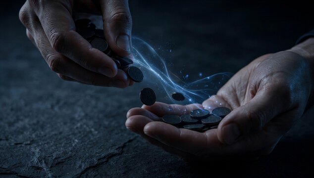 Two hand exchange blue glowing light symbolize cash flow, money transfer, financial support, and liquidity in business.