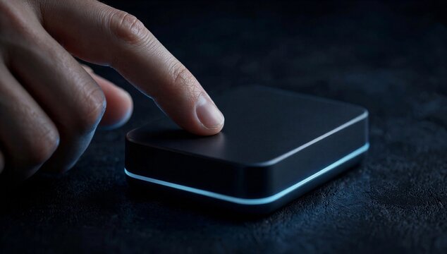 Finger presses a glowing device, symbolizing accounting software, digital control, and automated financial management.