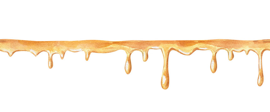 Golden flowing honey, caramel, or golden syrup seamless banner on isolated background. Watercolor horizontal strip of rich amber and yellow liquid with thick, rounded drops hanging down.