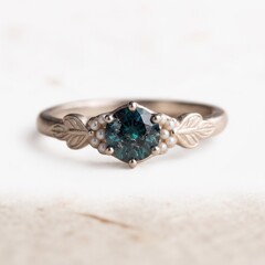 Naklejka premium Elegant silver ring featuring a dark blue gemstone surrounded by small pearls and leaf-shaped details