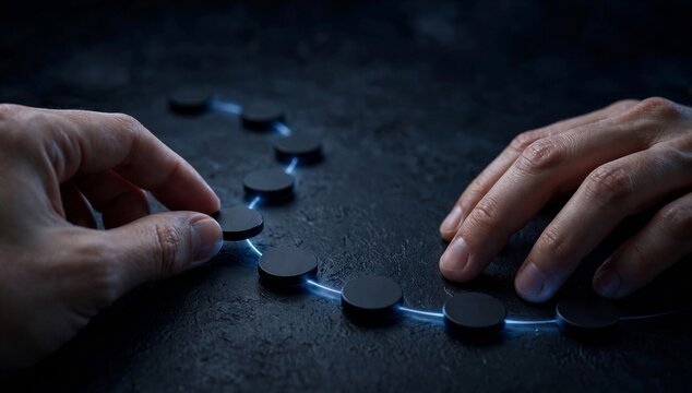 Hands place puzzle piece on dark table, symbolizing customer journey, touchpoint alignment, and strategy for a seamless experience path.