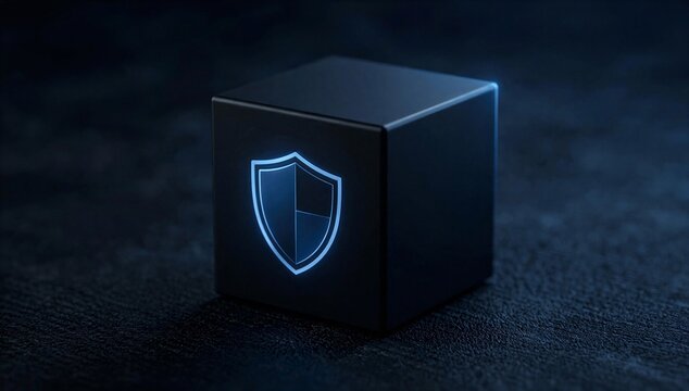 Glowing shield on dark cube symbolizes data security, digital protection, privacy, and secure storage.