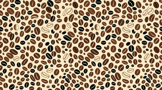 Seamless pattern of scattered roasted coffee beans on beige background