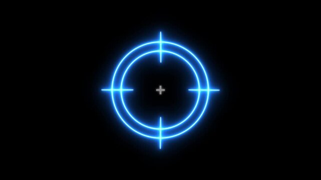 Glowing neon light target icon. Military training, Military target icon animation .Blue Laser Target Crosshair Sight Overlay, Futuristic Military Aim Scope, Tactical HUD Target Reticle 