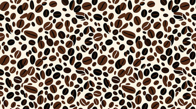 Seamless pattern of scattered dark roasted coffee beans on light