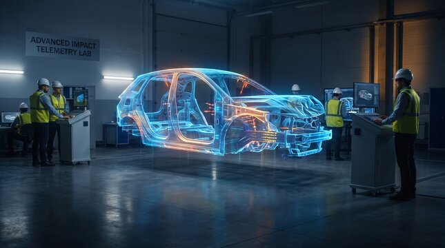 Automotive engineers analyze holographic car chassis wireframe inside advanced telemetry lab during vehicle safety R&D process