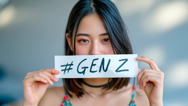 Young Gen Z woman holding a handwritten &ldquo;#GEN Z&rdquo; sign, representing youth culture, social identity, digital generation, modern lifestyle and contemporary trends.