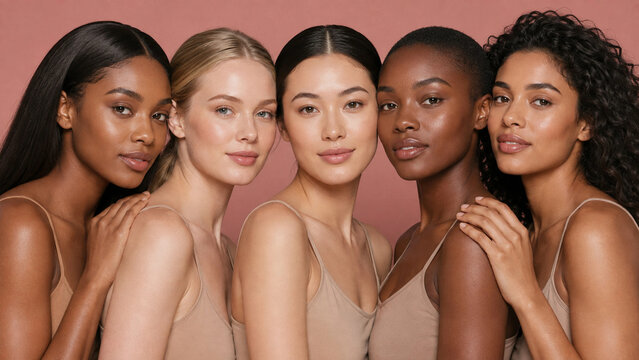 Five diverse women posing together in studio with soft lighting and natural skin tones