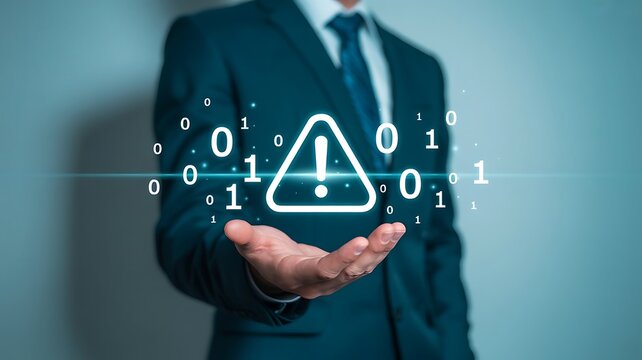 Businessman Holding Virtual Warning Sign with Binary Code Concept for Cyber Security and Data Protection Risk Management