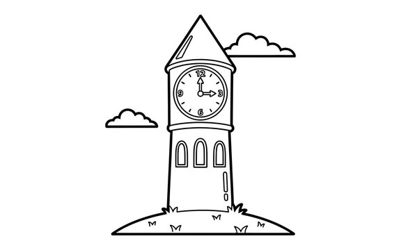 Black and white outline drawing of a tall clock tower building with clouds on a white background