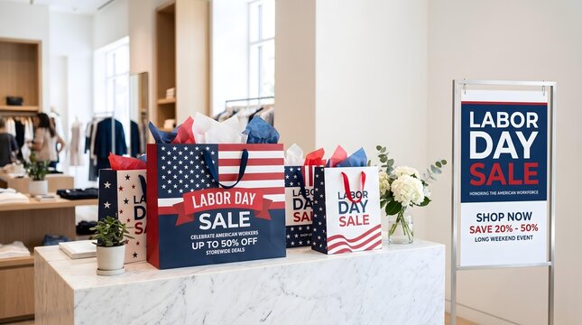 Labor Day Sale Shopping Bags and Promotional Sign Inside Modern American Retail Store