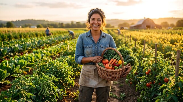 Smiling Woman Farmer Holding Basket of Fresh Organic Vegetables in a Farm Field at Sunset