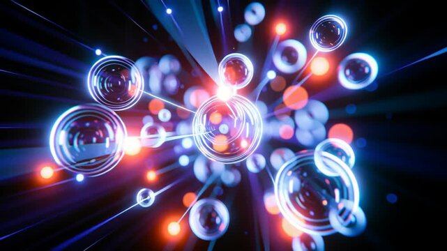 Abstract futuristic network of glowing circular elements connected by luminous lines, surrounded by colorful bokeh and neon light, representing digital connectivity, technology and innovation.