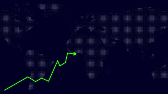 4K Animated Green Business Growth Graph Arrow Rising Up on Digital Dotted World Map Background, Stock Market Success, Financial Progress, Corporate Economy Analytics Motion Graphic
