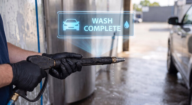 hands hold spray hose at car wash bay to display wash complete hologram, confirm vehicle cleaning status, show water droplet icon, and track car wash service progress
