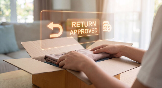 hands pack return shipping box to display return approved hologram, confirm refund coin status, show return arrow icon, and track online order return process
