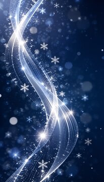 雪の結晶と銀色の光の波が輝くネイビーの縦長クリスマス背景