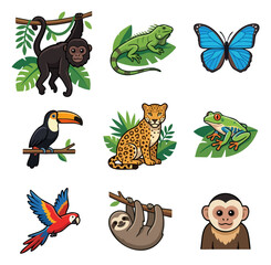 Naklejka premium Jungle wildlife collection monkey jaguar toucan parrot butterfly frog iguana sloth