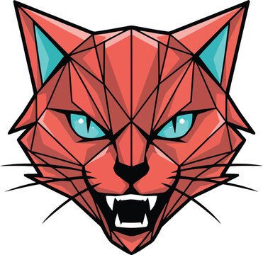 Geometric low poly cat head with coral red fur and bright cyan eyes feline portrait