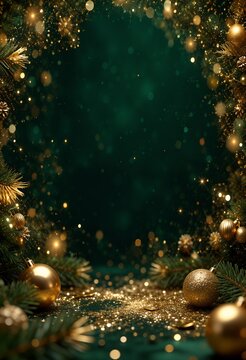 金色のオーナメントとモミの枝で囲んだ深緑の縦長クリスマス背景