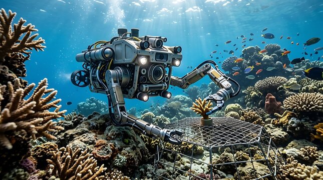 Underwater robot exploring a coral reef in the ocean with mechanical arms