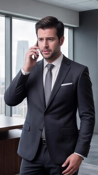 Businessman talking on smartphone in modern high-rise office. Professional male executive in suit having serious conversation near window with city view. Vertical video.