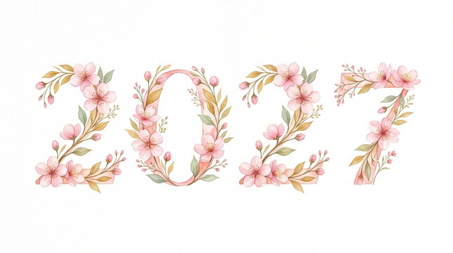 Watercolor floral design with year 2027, elegant spring blossoms for greeting cards, invitations, or New Year celebrations