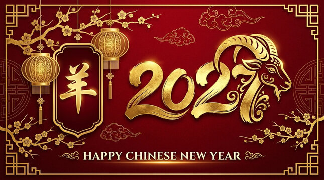 Golden Chinese New Year 2027 design featuring ram, lanterns, and plum blossoms on red background for festive celebration