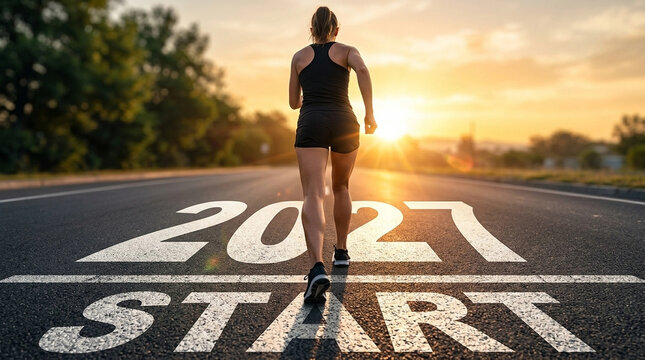 Woman runner stepping over 2021 start line at sunrise on road, symbolizing new year fitness and determination