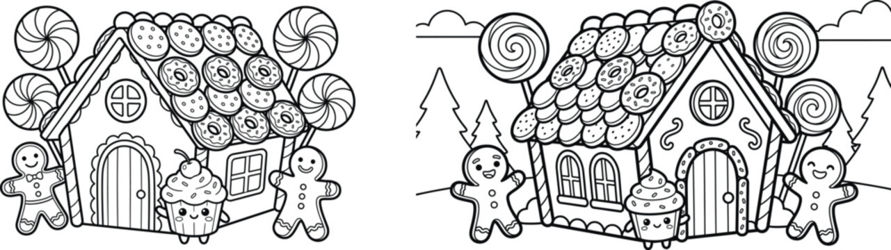 Gingerbread house and cookies coloring page with Cute Gingerbread Men and Candy Decorations	