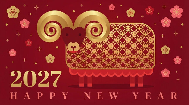 2027 Chinese New Year design featuring golden ram with floral pattern on red background