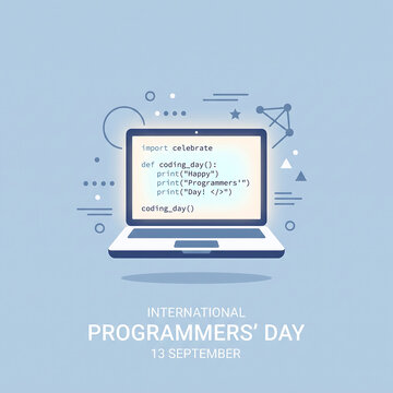 Flat illustration for International Programmers Day on September 13, featuring a laptop displaying Python code lines on a blue background with tech icons and decorative elements.