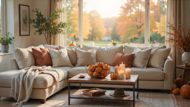 Cozy autumn living room with Halloween pumpkins and warm fireplace ambiance for seasonal decor