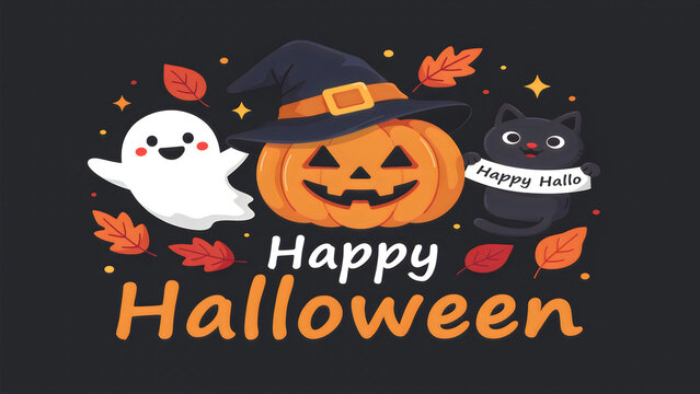 Cute Halloween ghost, pumpkin, and bat cartoon characters celebrating with festive text on dark background