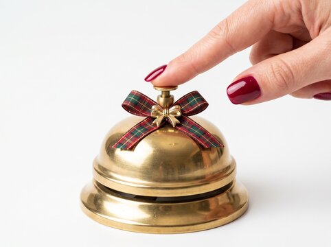 Hand with red nails pressing brass hotel bell with festive red ribbon isolated on white background