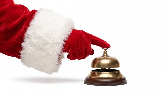 Santa Claus hand pressing polished brass hotel reception bell isolated on pure white background
