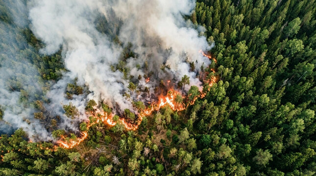 Aerial view of wildfire burning through dense forest with thick smoke rising