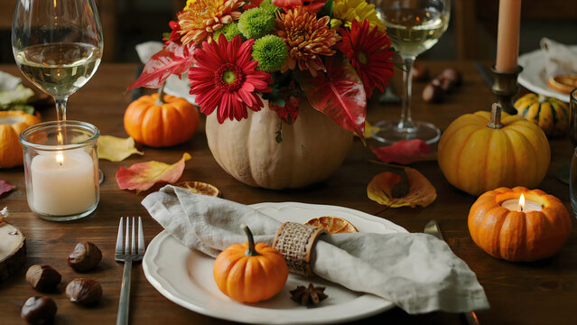 Halloween harvest feast with pumpkins, autumn flowers, and roasted turkey on rustic wooden table