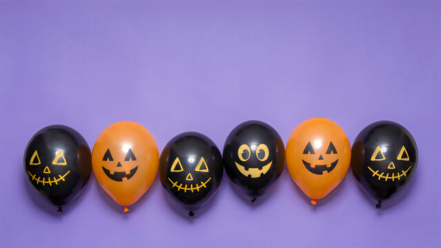 Three Halloween pumpkin face balloons floating against purple background for festive party decor