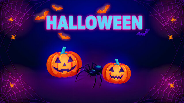 Halloween pumpkin jack-o-lanterns and spider decoration with festive neon lights and falling leaves