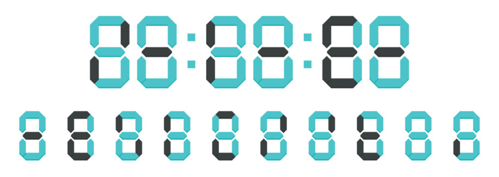 Digital seven-segment display vector featuring turquoise numbers and timer digits, suitable for clocks, countdowns, technology interfaces, electronics, and digital display designs.
