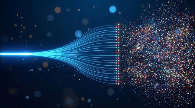 Data stream visualization with glowing lines and particle explosion in digital abstract background