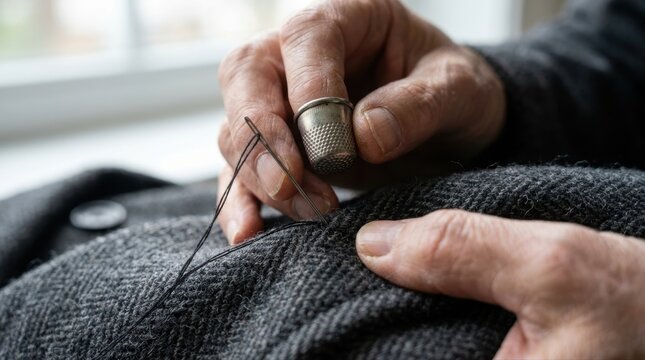 Experienced tailor hands diligently stitching dark grey wool fabric, demonstrating traditional craftsmanship and attention to detail