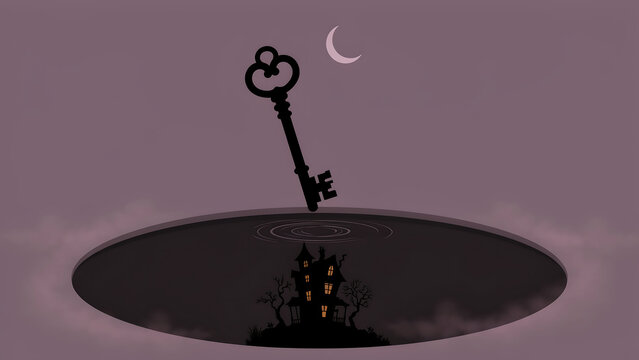 An ornate skeleton key floating above a dark pond with a reflection of a spooky haunted house and a crescent moon in a purple night sky
