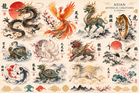 Asian Mythical Creatures Collection with Dragon, Phoenix, Qilin, Nine Tailed Fox and Tiger