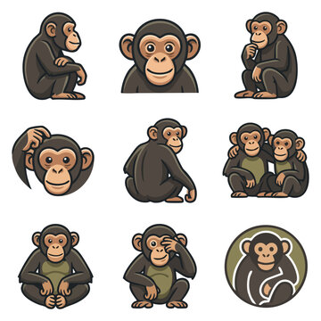 Chimpanzee poses and expressions icon set