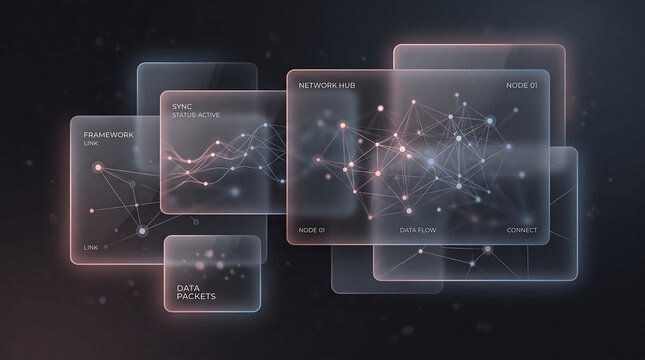 Futuristic dark UI illustration showing multiple transparent floating panels with constellation-style data network graphs and scatter plots connected by glowing lines in deep space background.