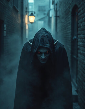 Red-eyed evil elf dark hooded cloak misty stone alley