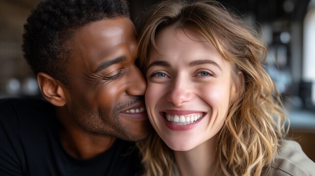 Headshot of happy multiracial couple celebrating love and intimacy with tender embrace