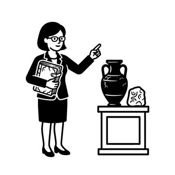 Museum Curator Standing Beside Ancient Artifacts Illustration